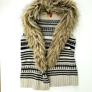 Saks 5th Avenue Wool Blend Open Cardigan Faux Fur Sweater Vest Small Stripe